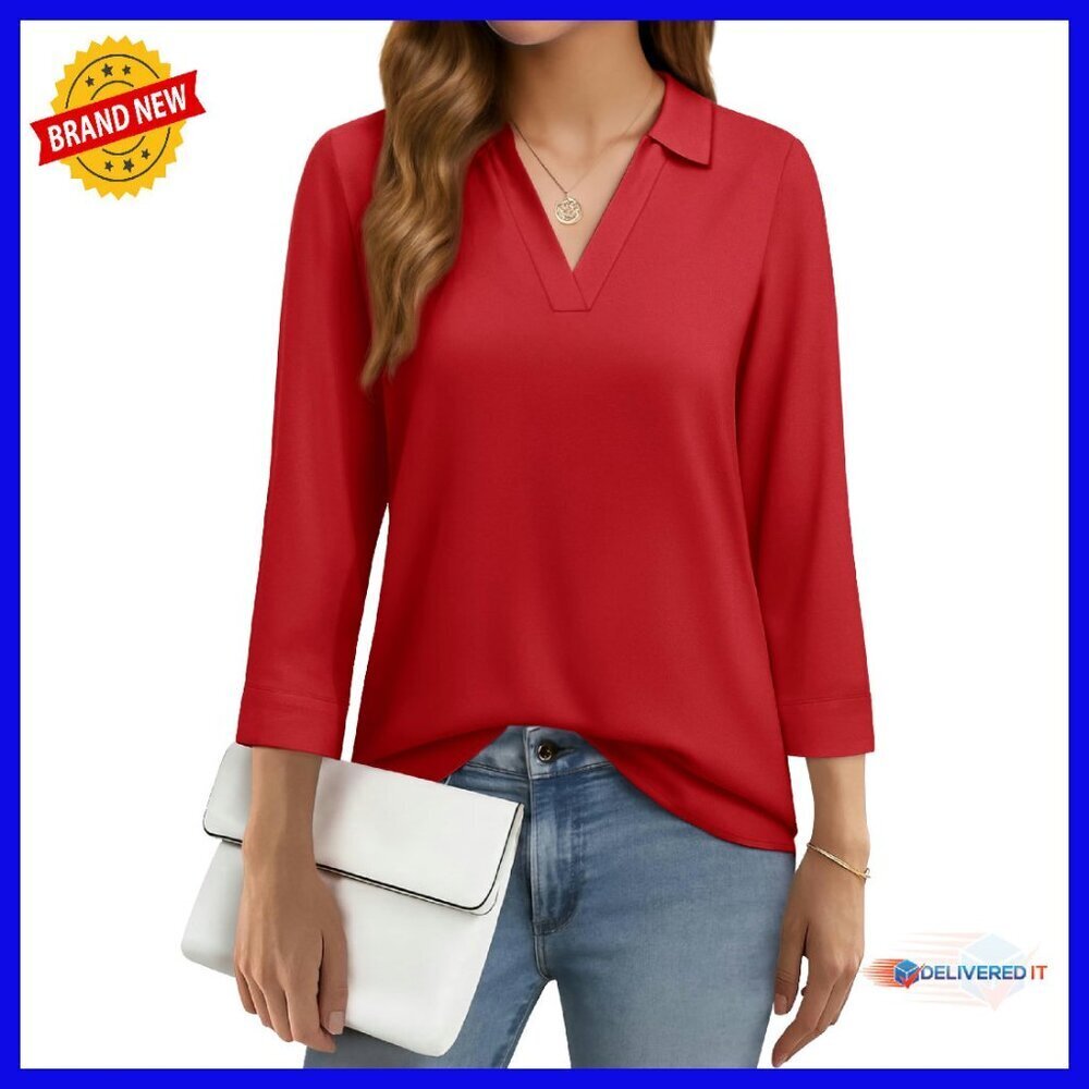 Chiffon 3/4 Sleeve V-Neck Tunic Blouse Women's Work Casual Top